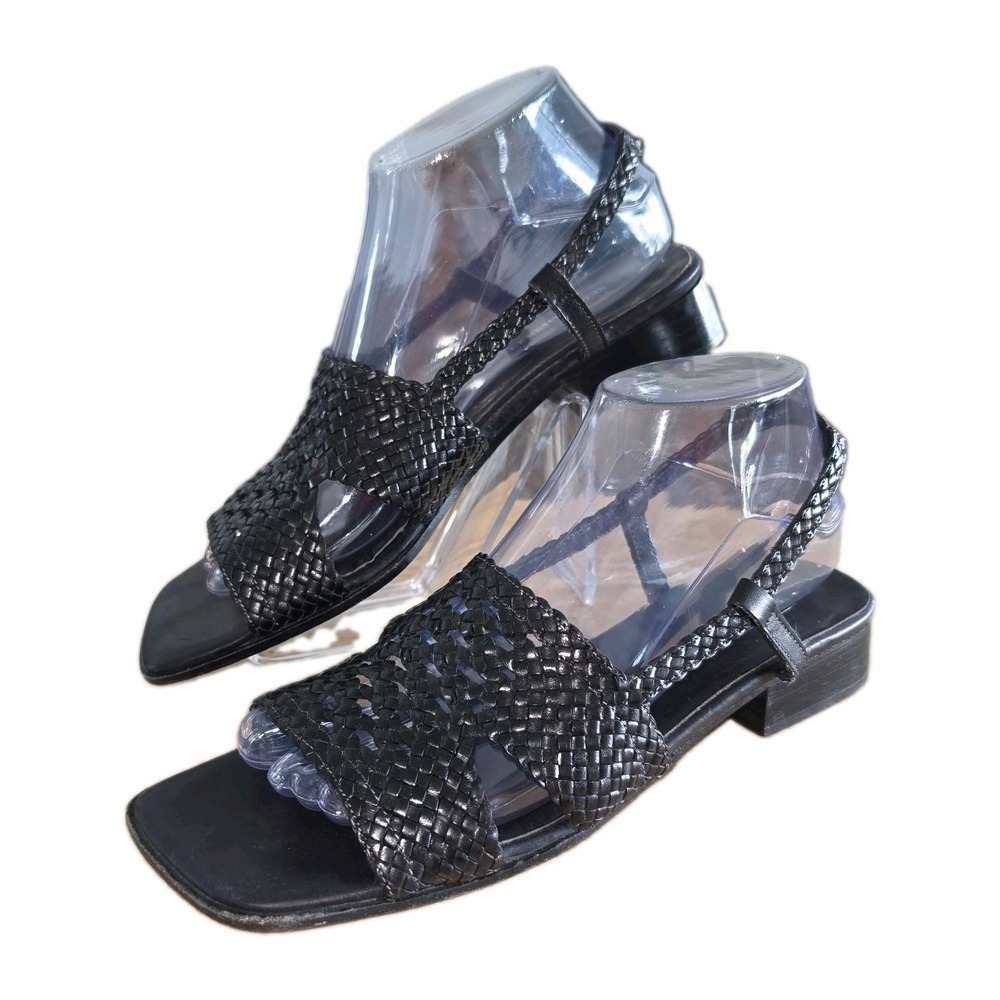 Sesto Meucci Black Woven Leather Slingback Sandals Heels Made in Italy 8.5 M